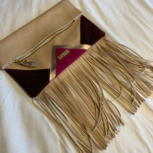 Blushy, beigy pink vegan fringe party clutch